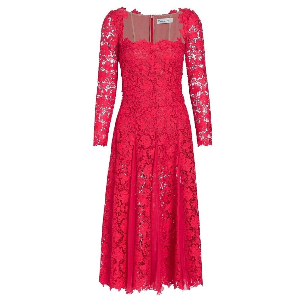 $4290 Oscar De La Renta Gardenia Lace Party Cocktail Midi Dress in Cerise Size 6